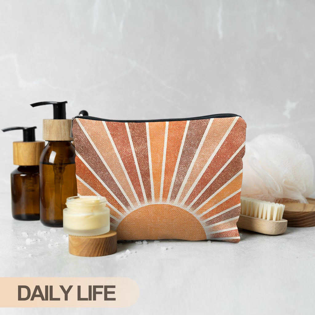 RYYCDOI Boho Makeup Bag - Vintage Neutral Sun Cosmetic Bags for Women, Summer & Beach Use