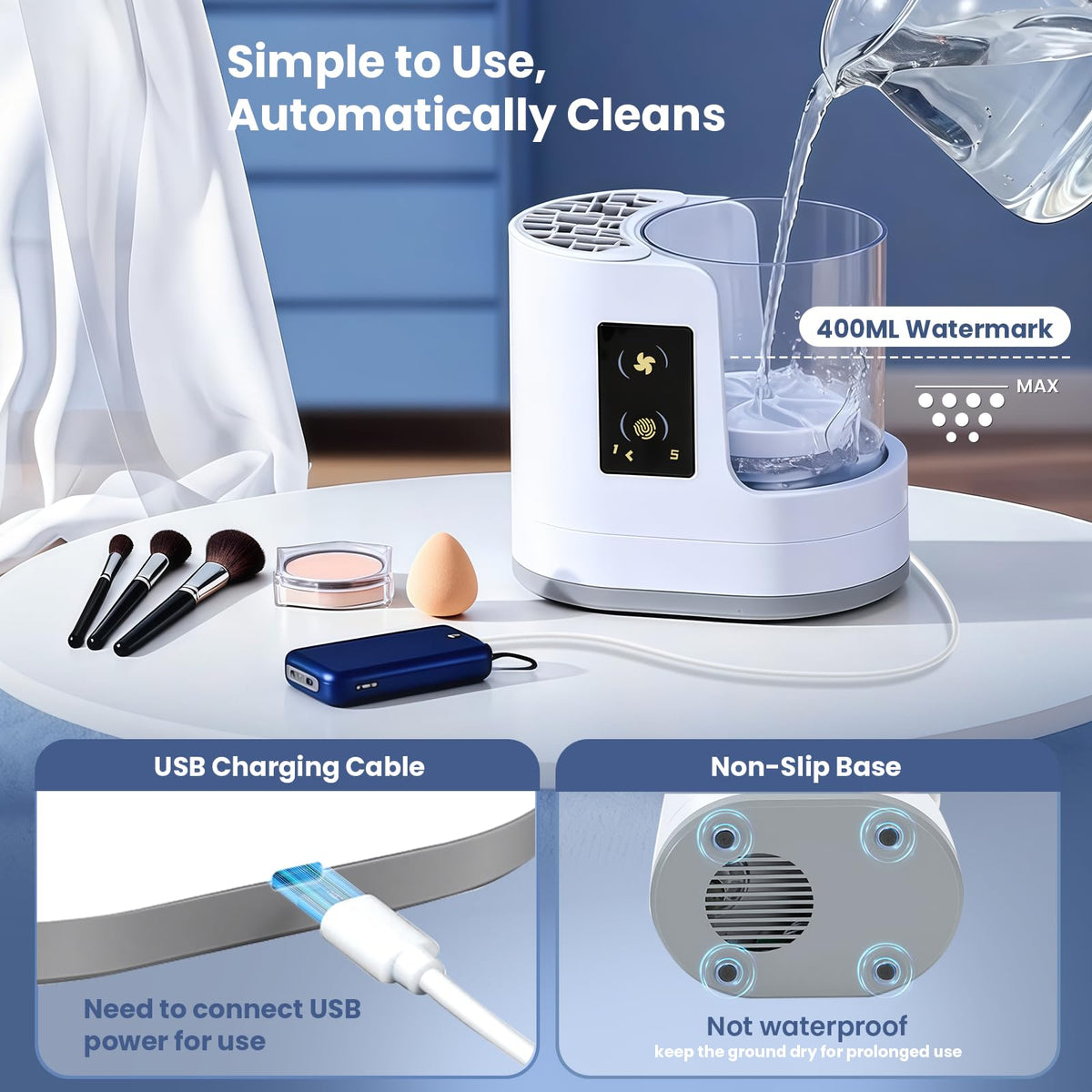 Electric Makeup Brush Cleaner Machine, 3-in-1 Cleaner, Dryer & Storage