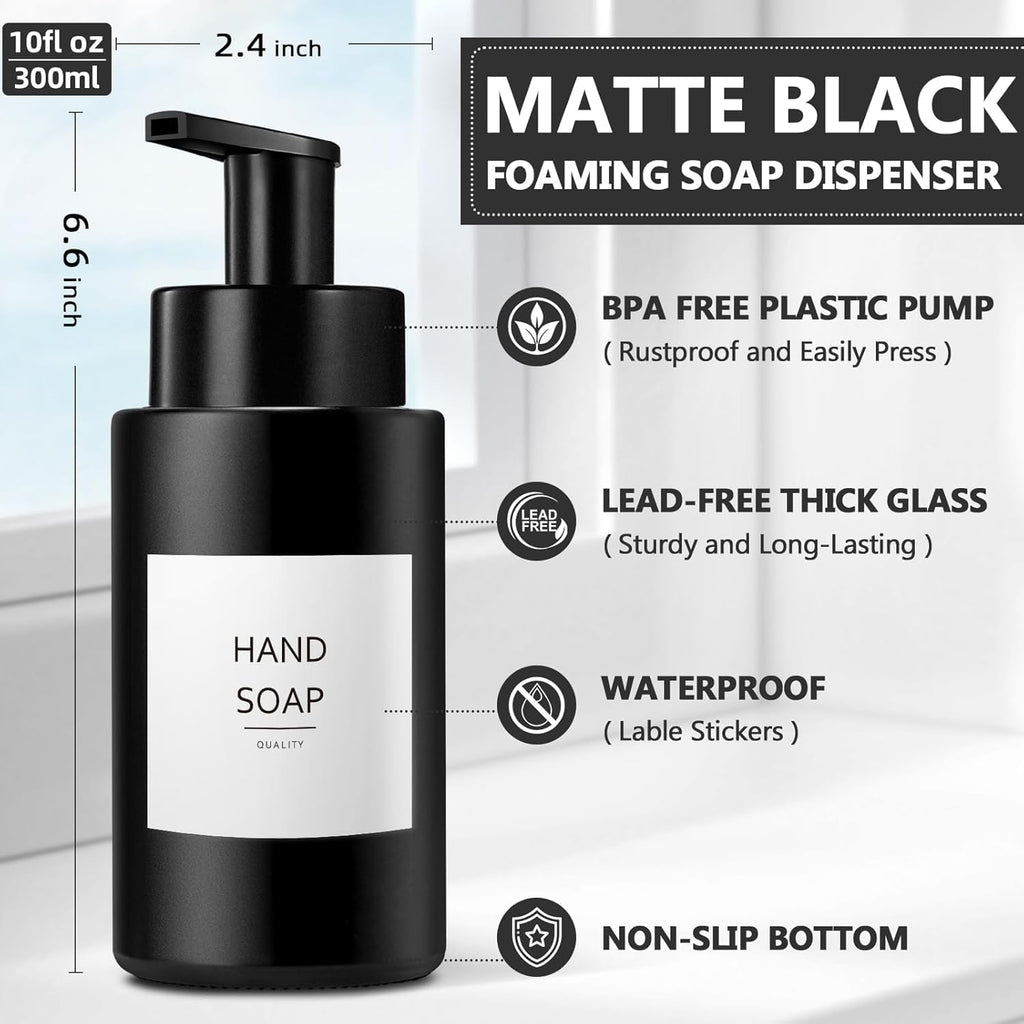 RYTOXILO Matte Black Foaming Hand Soap Dispenser, 10 oz/300ml Glass Foam Dispenser, 2 Pcs Foaming Soap Dispenser for Bathroom, Black Refillable Pump with Waterproof Labels