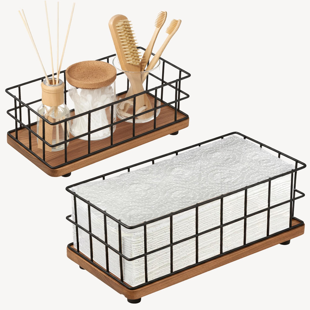 BAOBAB WORKSHOP Wooden Bathroom Basket Organizer & Storage, Toilet Paper Basket for Back of Toilet Tank Topper Tray, Paper Holder Basket for Bathroom Decor Box with Liners, Solid Wood & Wire, Set of 2