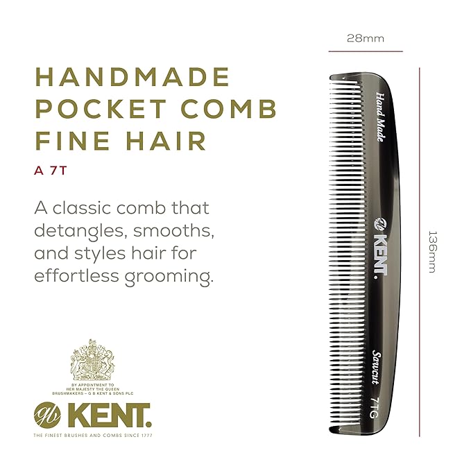 Kent 7T G All Fine Tooth Pocket Comb-Handmade Hair Comb for Grooming and Styling-Travel Comb for Hair Care,Mustache and Beard Care, Use Dry or with Balms, Saw Cut and Hand Polished for Wet or Dry Hair