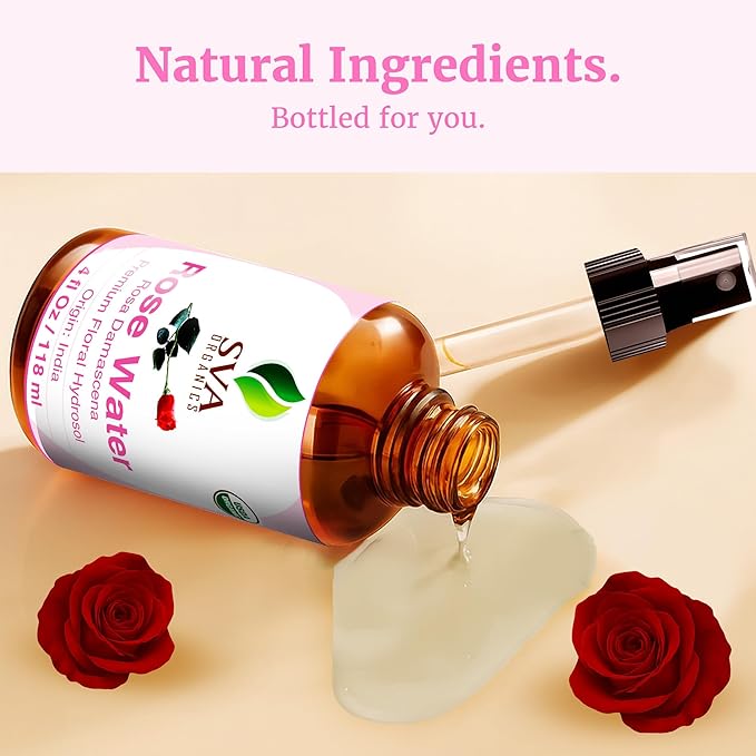 SVA ORGANICS Rose Water, Glass Bottle with Spray, 4 Fl Oz (118 ml)