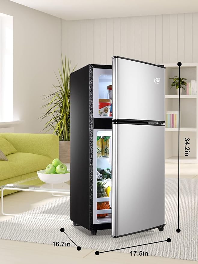 KRIB BLING Mini Fridge With Freezer,3.5 Cu. Ft Compact Refrigerator With 2 Doors,7- Level Adjustable Thermostat, Removable Glass Shelves For Bedroom, Office, Kitchen, Apartment, Dorm, Silver