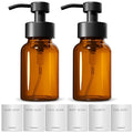 2 Pcs Amber Glass Foaming Soap Dispenser - 8.5 Oz Refillable Glass Foaming Hand Soap Dispenser, Non-Slip Bottom, 6 Moisture-Resistant Labels - Elegant Pump Bottles for Bathroom & Kitchen Counter Decor