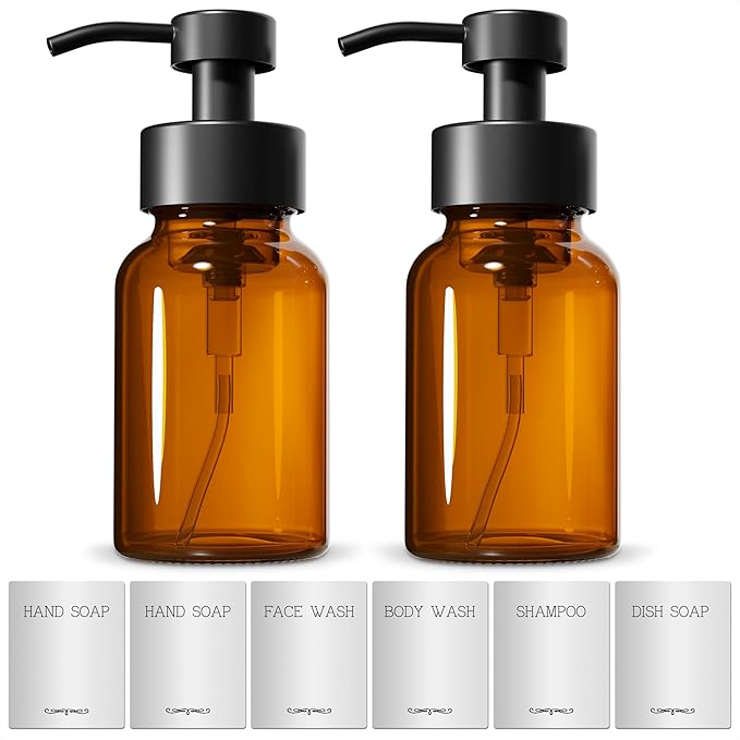 2 Pcs Amber Glass Foaming Soap Dispenser - 8.5 Oz Refillable Glass Foaming Hand Soap Dispenser, Non-Slip Bottom, 6 Moisture-Resistant Labels - Elegant Pump Bottles for Bathroom & Kitchen Counter Decor