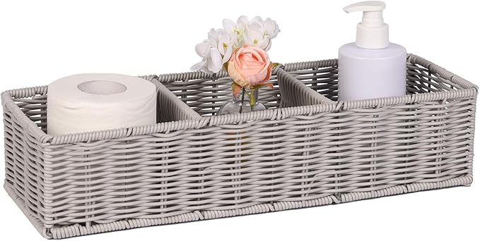Gray 3-Section Wicker Storage Basket - Modern Minimalist Toilet Paper & Toiletries Organizer