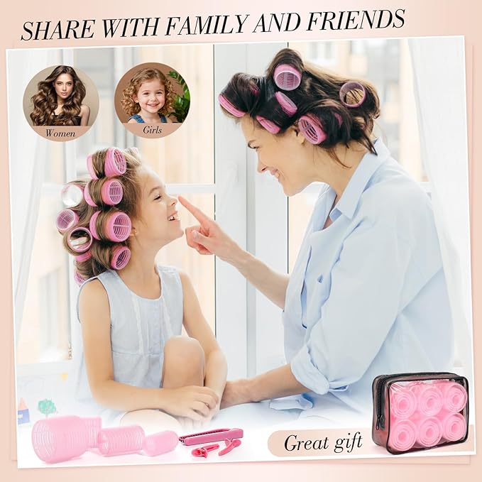 Obeoby 4 Sizes Hair Rollers for Women, Hair Curlers with Clips Comb Curlers for Long Short Curly Hair and Bangs (25, 36, 48, 60mm), Pink Gifts