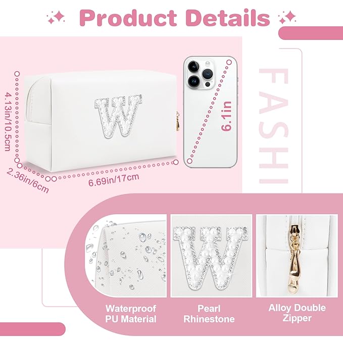 Bride Gifts – Personalized Initial Makeup Bag with Pearl Rhinestone Patch, Preppy White Monogram Cosmetic/Toiletry Pouch, bridesmaid Gifts, Bridal Shower Gifts, Wedding Gifts, Bridal Gifts,W