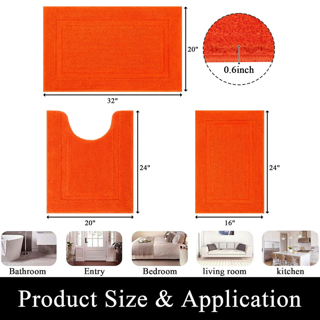 SHACOS Orange Bathroom Rugs Sets 3 Piece Small Bath Mat U Shaped Toilet Rug