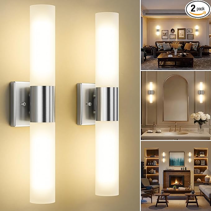 Kalium Wall Sconces Set of Two, Modern 21" Vanity, Frosted Glass, Silver