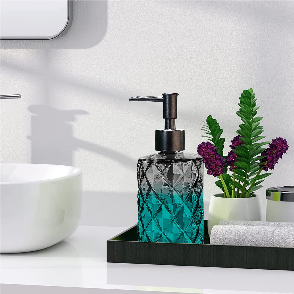 Glass Soap Dispenser with Plastic Pump, 330ml/11oz. Liquid Hand Soap Dispenser for Bathroom and Kitchen, Hand-Pump Dispenser for Dishwashing Liquid, Lotion, Soap, Shower Gel, Essential Oil (Black)