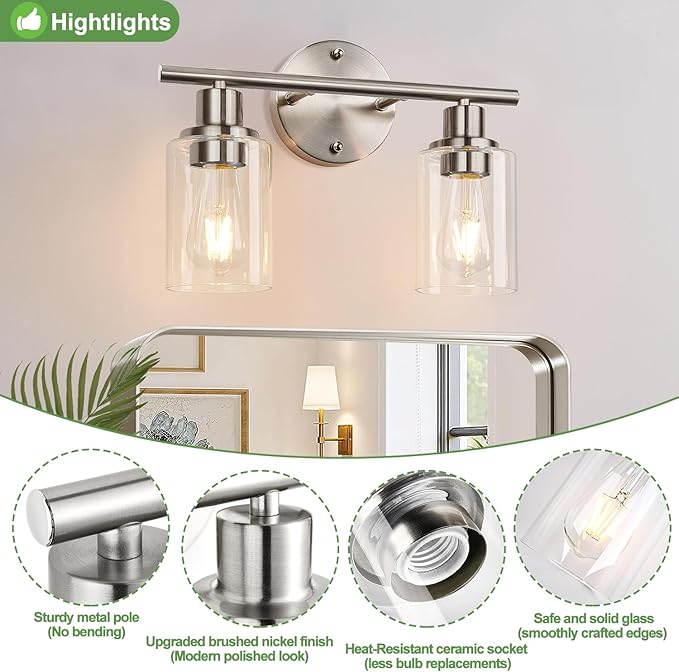 Zarbitta 2-Light Bathroom Light Fixtures, Brushed Nickel Vanity Light, Modern Vanity Lights with Clear Glass Shade, Bathroom Wall Lamp for Mirror Kitchen Living Room Hallway Cabinet Porch