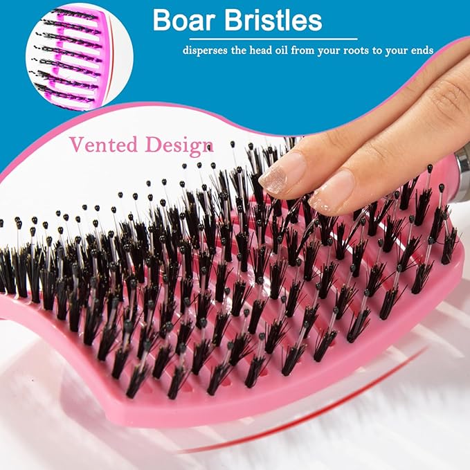 TaiBest Boar Bristle Hair Brush Set - Dry/Wet Hair Brush Detangler for Fine, Thick, Curly Hair - Curved and Vented Hair Brush for Women, Men or Kids (Purple & Apricot Pink)