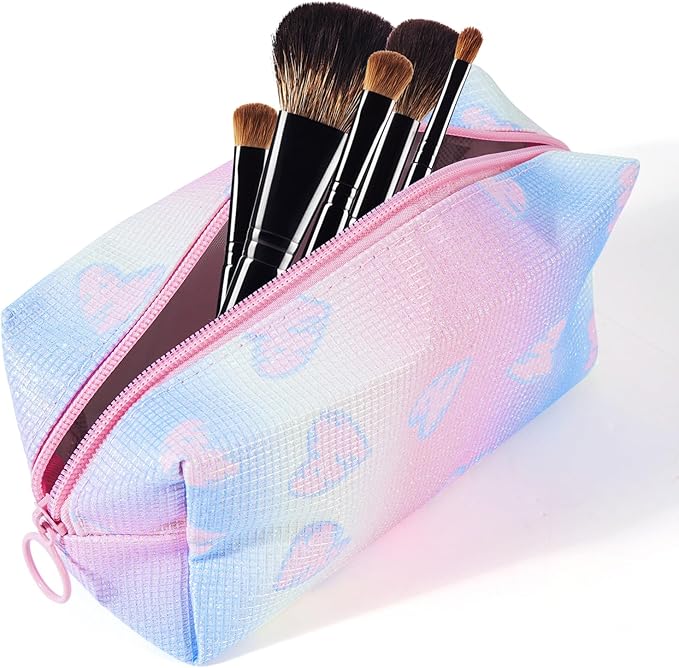 DALINEEYI Makeup Bag, Portable Makeup Brush Pouch, Shiny Cool Heart Pattern Makeup Organizer Case for Women, Small