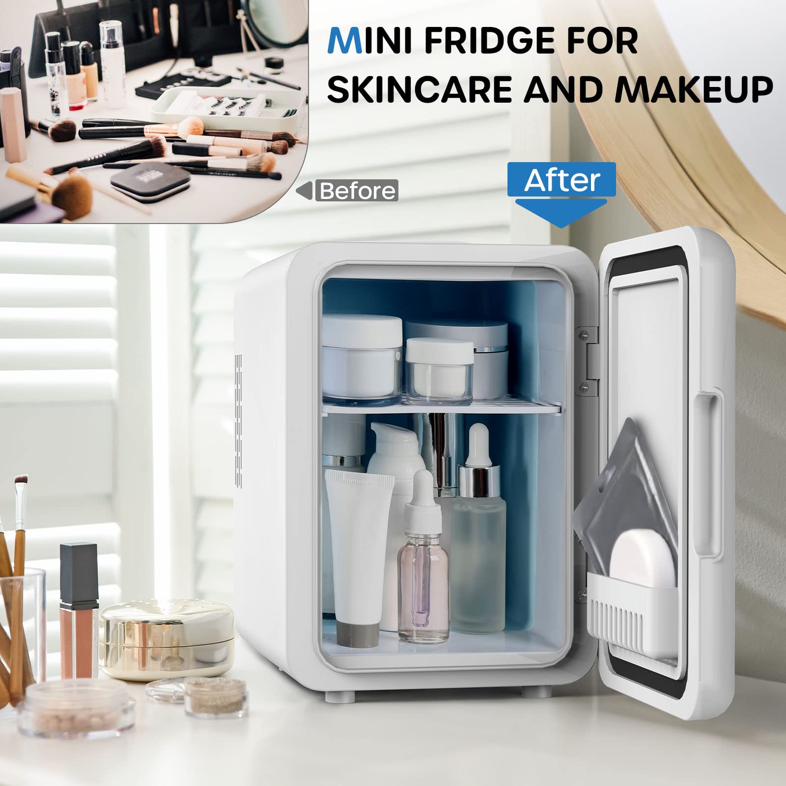 Ecowell WRE100 Mini Bedroom, 4L/6 Can Skincare Fridge, AC/DC Portable Compact Small Refrigerator for Office Dorm Car Desk for Skin Care Makeup Cosmetic, White