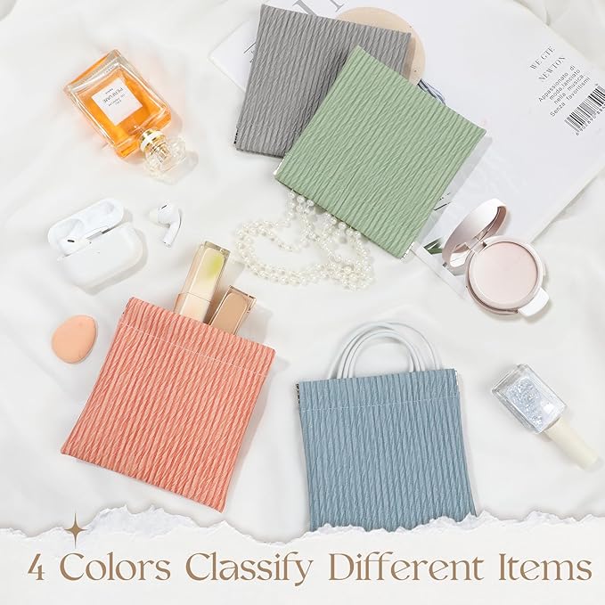 ISKYBOB 4.7in Small Makeup Bag for Purse, 4Pcs Pocket Cosmetic Bag Organizer, Waterproof PU Leather Pouches for Purse, Portable Squeeze Coin Purse for Women Mini Travel Jewelry Storage Pouch, Embossed