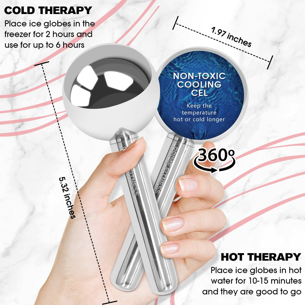 PRIME Fitness Ice Globes for Facials | Unbreakable Steel Cooling Roller | Cryo Sticks for Face | Massager for Face Neck & Eyes | Skin Care for Dark Circles, Puffiness, Wrinkles, (Silver)