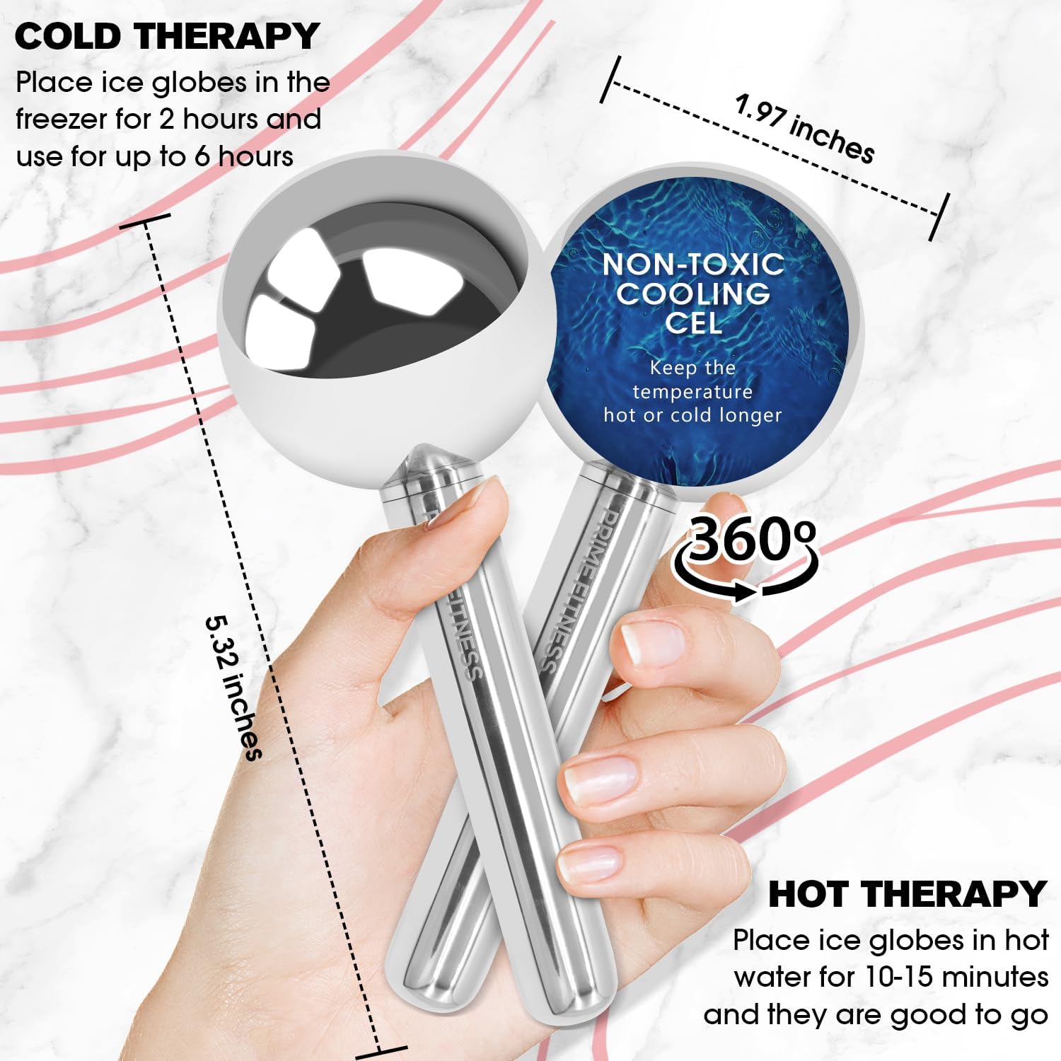 PRIME Fitness Ice Globes for Facials | Unbreakable Steel Cooling Roller | Cryo Sticks for Face | Massager for Face Neck & Eyes | Skin Care for Dark Circles, Puffiness, Wrinkles, (Silver)