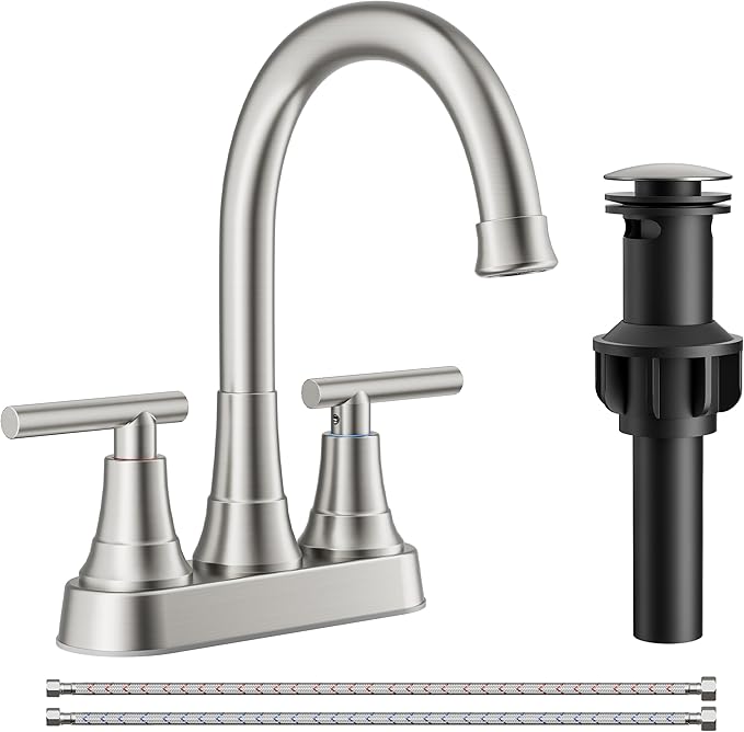 FORIOUS Centerset Bathroom Faucets for Sink 2 or 3 Hole, Brushed Nickel 4 Inch Bathroom Sink Faucet with Pop up Drain and cUPC Hose, 360° spout, Two Handles for Restroom,Vanity, RV Remodel