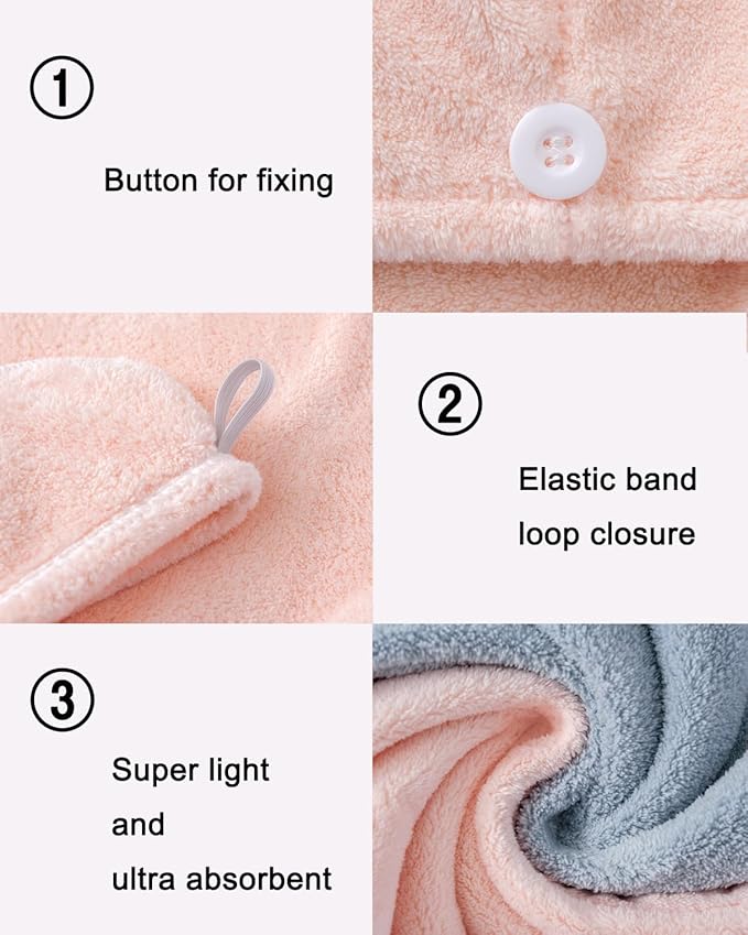 Bath Pre Dry Hair Towel 4-Piece Set Quick Dry Extra Absorbent Lightweight Turban with Button Hair Drying Wrap Bathroom Girl Friend Family Mom Gift