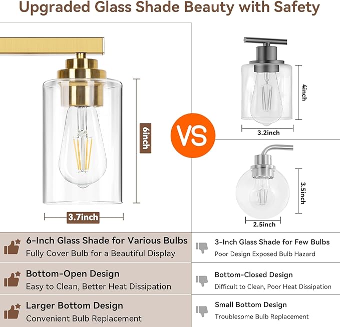 4-Light Bathroom Light Fixtures, 27" Modern Vanity Lights Over Mirror with Clear Glass Shades, Brushed Gold Vanity Lights, Classic Wall Lamp for Mirror Living Room Cabinet Bedroom Porch Kitchen