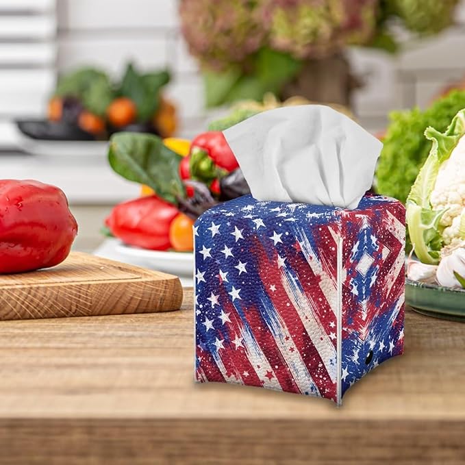 American Flag Tissue Box Cover, PU Leather Square Tissue Holder with Secure Metal Button, Waterproof and Stylish Napkin Dispenser for Home, Office, Car, and Bathroom Decor