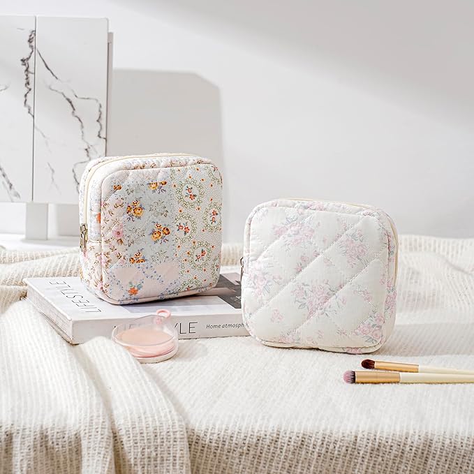Small Quilted Cotton Makeup Bag for Purse, Cosmetic Bag with Compartments, Cotton Aesthetic Makeup Bag, Travel Toiletry Pouch, Lipstick Bag Card Holder Data Cable Organizer (13Pink Rose)