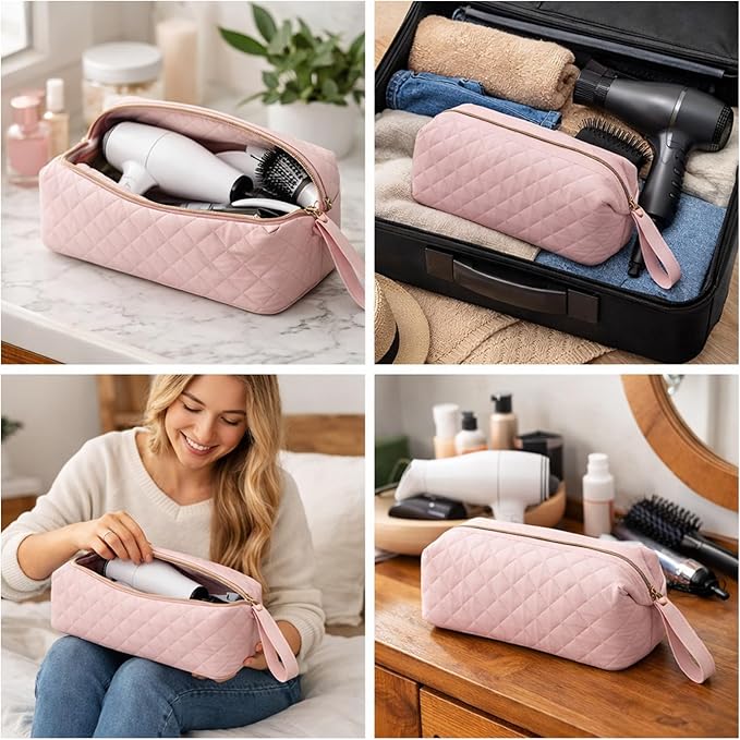 Quilted Hair Tools Travel Bag Organizer,Portable Large Hair Styling Accessories Storage Case for Flat Irons,Straightener,Curling Iron,Hair Dryer (Pink)