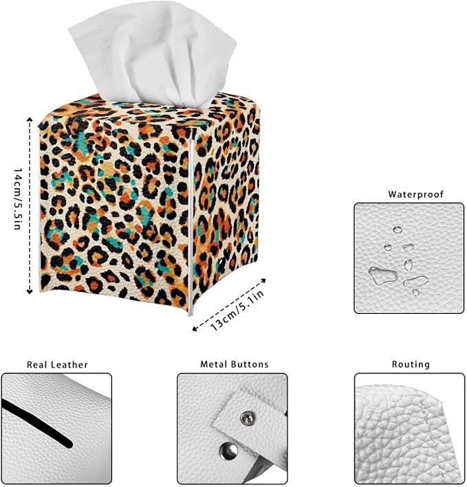 Leopard Print Tissue Box Holder Stylish Leather Square Tissue Box Cover with Top Handle Waterproof Napkin Case Holder Home Office Bathroom Decor