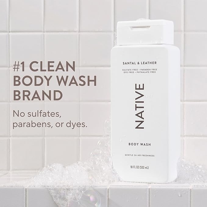 Native Body Wash Contains Naturally Derived Ingredients | For Women & Men, Sulfate, Paraben, & Dye Free Leaving Skin Soft and Hydrated | Santal & Leather 18 oz