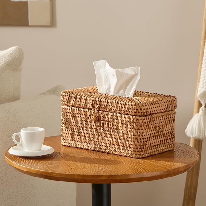 Rattan Rectangular Tissue Box Cover, 10.8" x 6.7" x 5.5", Decorative Woven Facial Tissue Holder with Hinged Top Lid, Fits Up to 180 Sheets, Natural Color