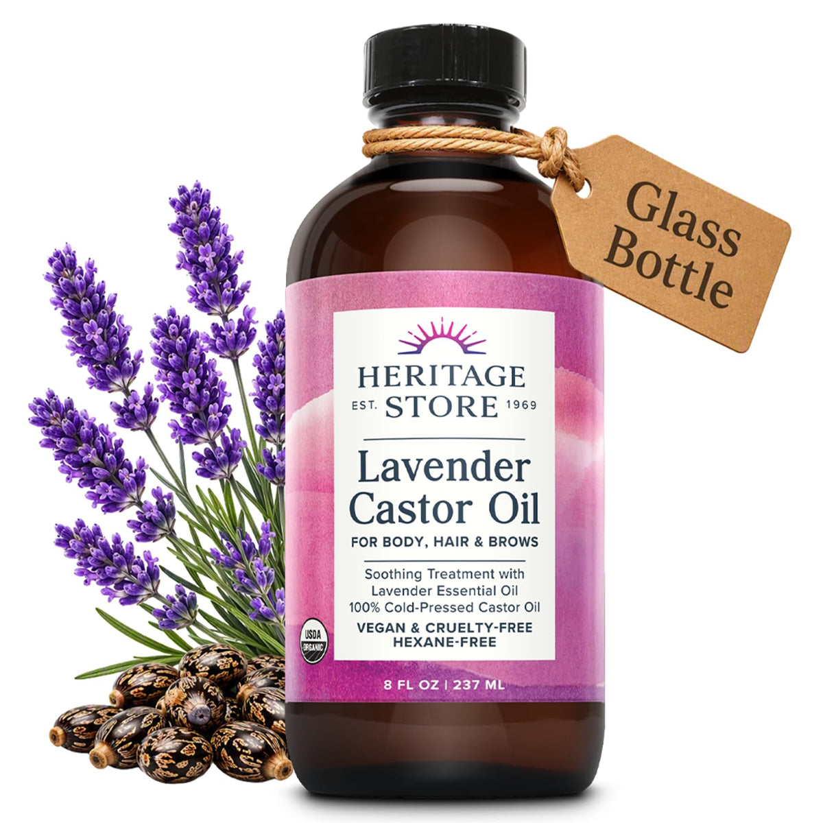 HERITAGE STORE Organic Lavender Castor Oil, Hexane Free, 8 fl oz