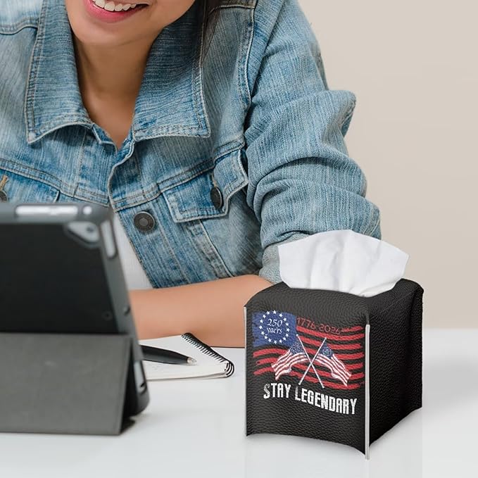 250 Years Tissue Box Holder Waterproof PU Leather Square Modern Tissue Box Cover with Metal Button Napkin Holder for Home Office Car