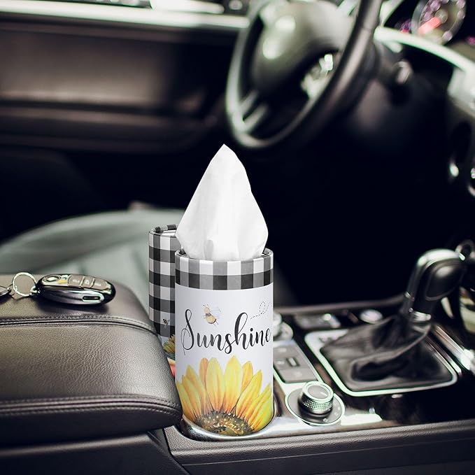 Fourluoo 12 Pack Sunflower Tissue Boxes for Car Cylinder Bulk Black White Plaid Flower Round Cylinder Holder with 3 Ply Facial Tissues for Spring Summer Travel Bathroom Office Decoration