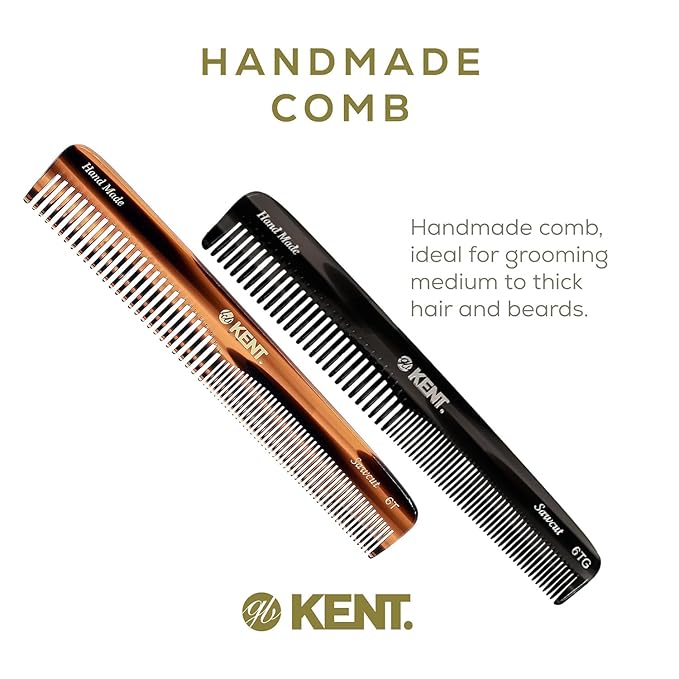 Kent 6T-6T G Fine Tooth and Wide Tooth Hair Comb, Handmade Styling Comb for Hair Care, Barber Combs, Beard Combs For Men, Styling Grooming for Men, Women and Kids