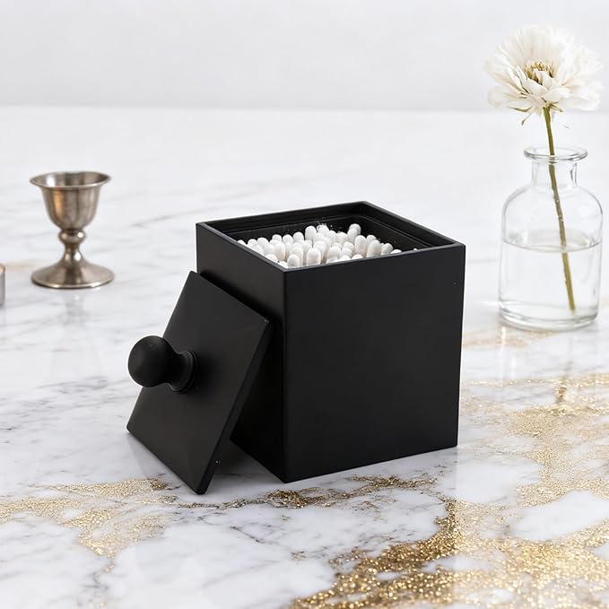 Cotton Swab Holder with Lid, Square Qtip Holder Bathroom Black, 2 Slot Resin Cotton Ball Canister Jar Cosmetics Makeup Countertop Organizer Containers Canister Apothecary Jar, Matte Black