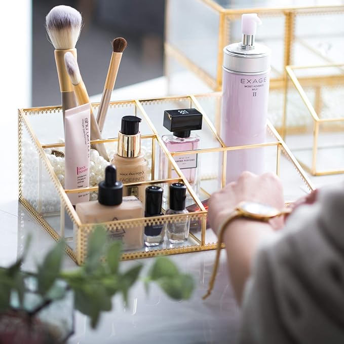 Levilan Makeup Organizer Antique Countertop Cosmetic Storage Box Glass Beauty Display, Gold Spin Large Capacity Holder for Brushes Lipsticks Skincare Toner