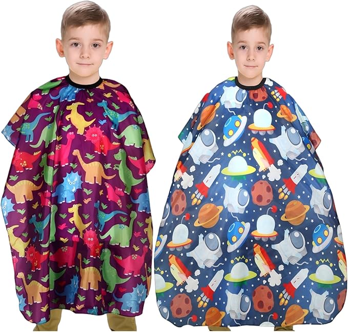 YELEGAI Kids Hair Cutting Cape (2 Pack) Professional Children Salon Barber Apron for Boys and Girls (Cartoon Dinosaur & Cartoon Space)