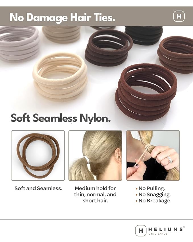 Heliums Thin Seamless Hair Ties - White - 6mm Nylon No Damage Ponytail Holders, 1.75 Inch, Medium Hold for Thin to Normal Hair - 18 Pack