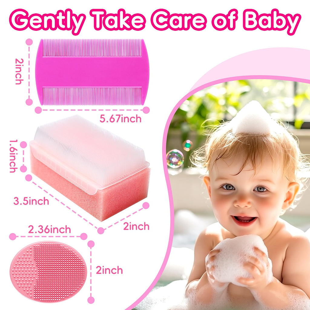 Cradle Cap Brush for Babies, Baby Bath Essentials with Silicone Scrubber Bath Sponge Dual-Sided Comb for Newborns Toddlers Boys Girls (Pink, Set of 5)