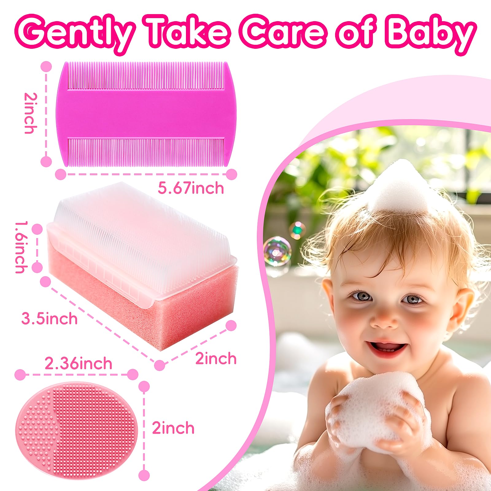 Cradle Cap Brush for Babies, Baby Bath Essentials with Silicone Scrubber Bath Sponge Dual-Sided Comb for Newborns Toddlers Boys Girls (Pink, Set of 5)