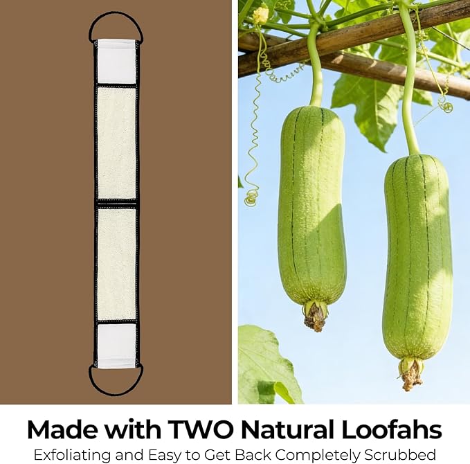 Natural Loofah Back Scrubber, Double-Sided Exfoliating Body Scrubber with Handy Strap for Deep Cleaning, Durable Bath Shower Luffa Sponges for Men and Women (Black)