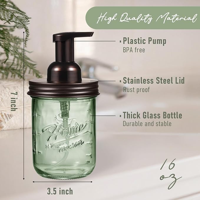 SheeChung Mason Jar Foaming Soap Dispenser, Stainless Steel Lid, BPA Free Pump, Green Glass Foam Hand Soap Dispenser, 16 Oz Refillable Liquid Foam Dispenser Bottle for Bathroom Kitchen-Bronze, 2 Pack