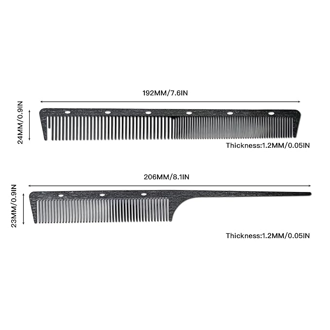 2 Pcs 304 Stainless Steel Metal comb, anti-static, heat-resistant, Ultra-thin, Metal Teasing Comb with Pick, Rat Tail Comb, Wood Grain Design（black）