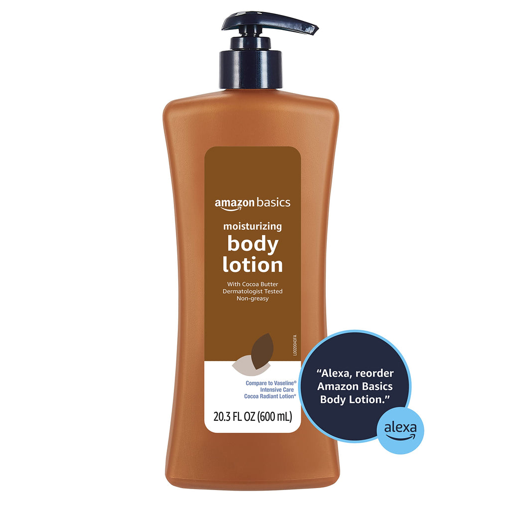 Amazon Basics Moisturizing Cocoa Butter Body Lotion for Dry Skin, Non-Greasy, Paraben Free, Lightly Scented, 20.3 Fl Oz, 4-Pack