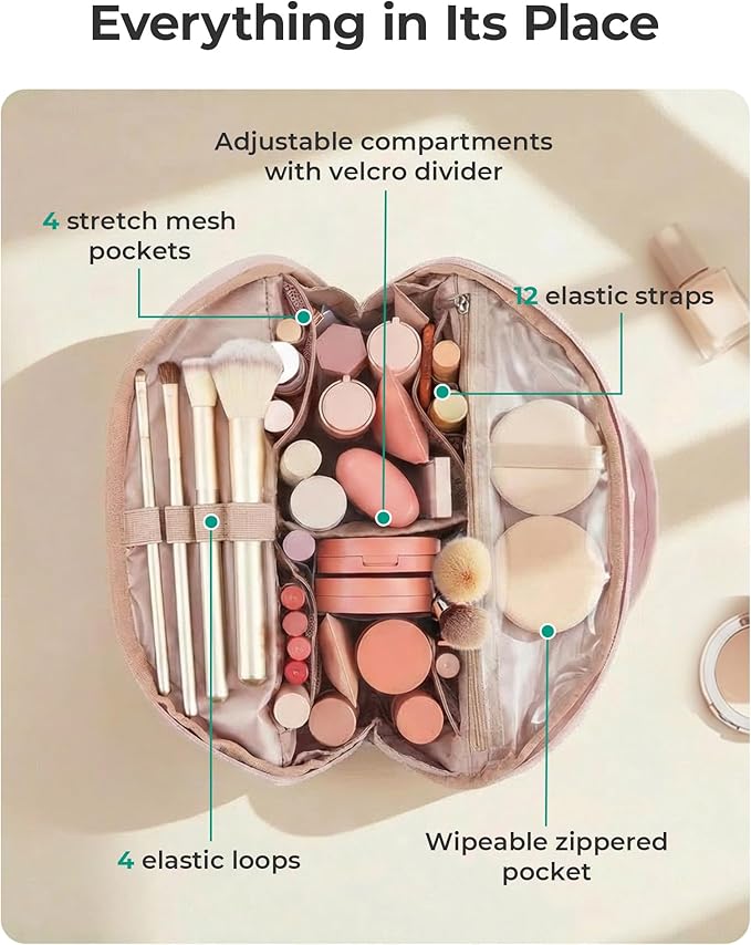 BAGSMART Travel Makeup Bag for Women, Portable Fold-down Cosmetic Case, Puffy Padded Make Up Organizer Pouch, Water-resistant Toiletry Bag for Toiletries, Brushes (Baby Pink)
