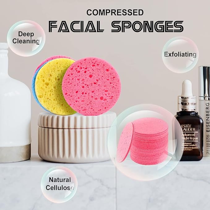 100-Count Facial Sponges Compressed Natural Cellulose Sponge Round Shape Face Sponge for Face Cleansing Exfoliating and Makeup Removal, Pink