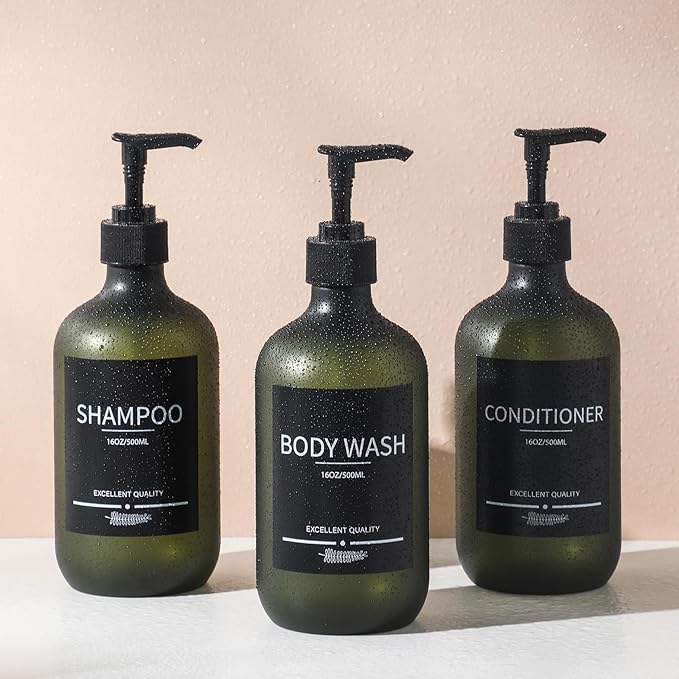 Mithrgrous Plastic Refillable Shampoo and Conditioner Bottles with Pumps and Labels (5-Pack, Green)