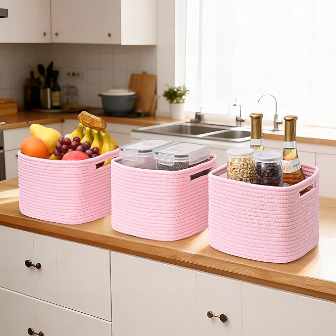 3 Pack Cube Storage Bin, 9”x9”x7” Cotton Rope Woven Baskets for Organizing Toys Clothes Towels, Square Gift Storage Baskets for Shelf, Nursery, Closet, Bathroom, Pantry (Pink)
