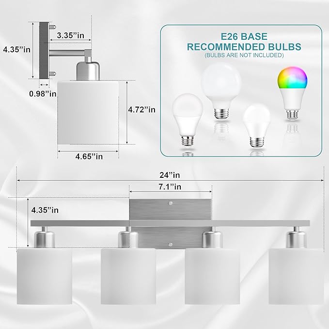 Dekang Bathroom Lights Over Mirror Brushed Nickel, Anti-Rust 4-Light Bathroom Vanity Light Fixtures, Modern 24Inches Wall Sconces E26 Base, Milky White Glass Shades, Bulbs Not Included